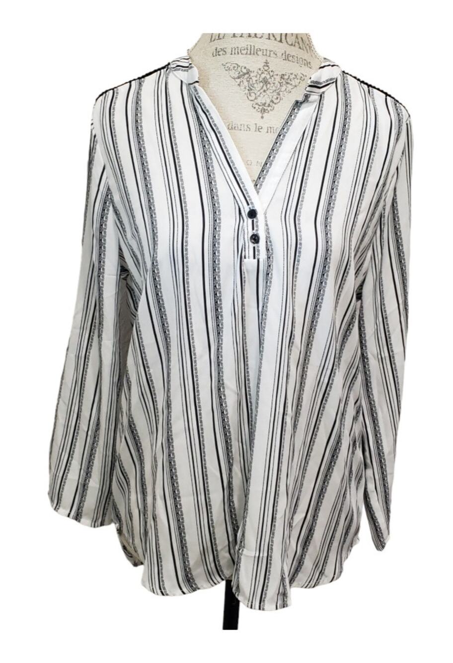 Cure Black & White Striped Cutout Design V Neck Blouse